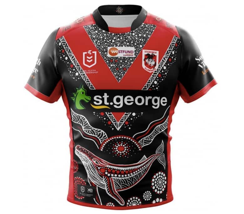 The front of the jersey – designed by local artist Lani Balzan – includes a whale (Birri Birri) which symbolises the Dharawal nation, the land on which St George Illawarra play their home games.