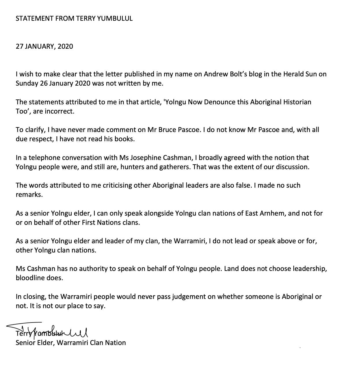 A copy of the signed statement supplied to NITV News by Terry Yumbulul.
