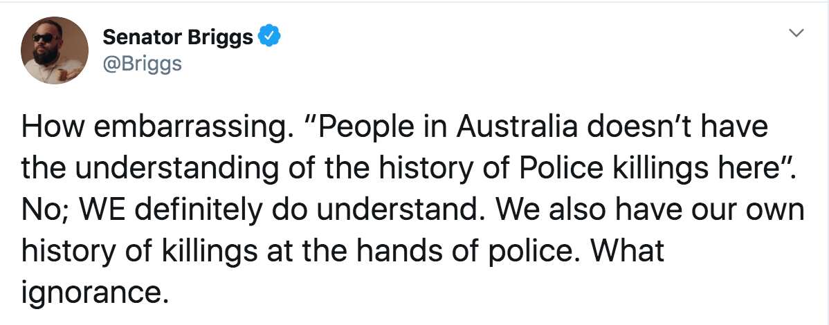 Indigenous rapper, Adam Briggs tweets about Ms Daish's interview with a protester on the frontline in the US.