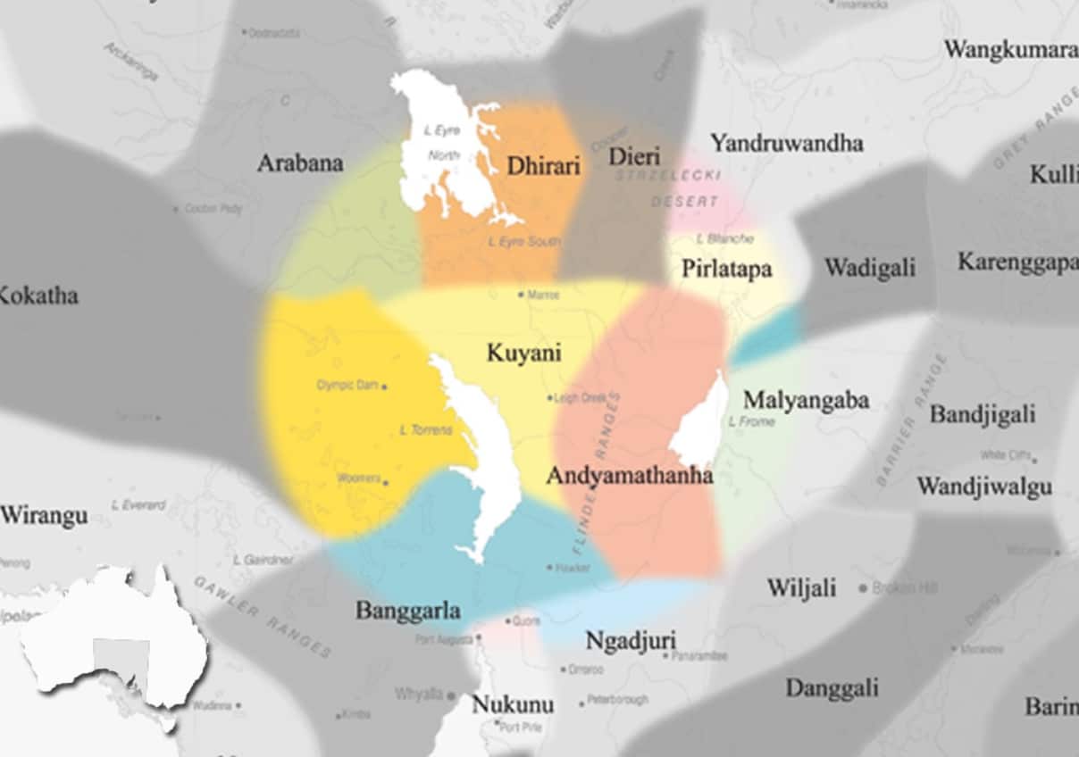 A map shows how Lake Torrens connects four different Aboriginal Nations being the Kokatha, Kuyani, Adnyamathanha and Barngarla peoples. 