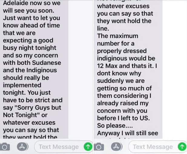 Private messages between managemet and security at the Signature Lounge nightclub in Adelaide.  