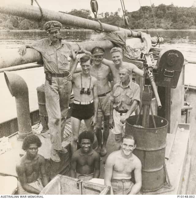 Arthur James Carfax- Foster (standing third form left) and crew of the auxiliary ketch S-115 Miena, Small Ships Section, United States Army Services of Supply.