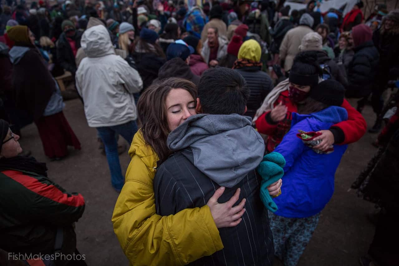 Hollywood actress Shailene Woodley celebrating the announcement from the Obama administration blocking pipeline construction access.