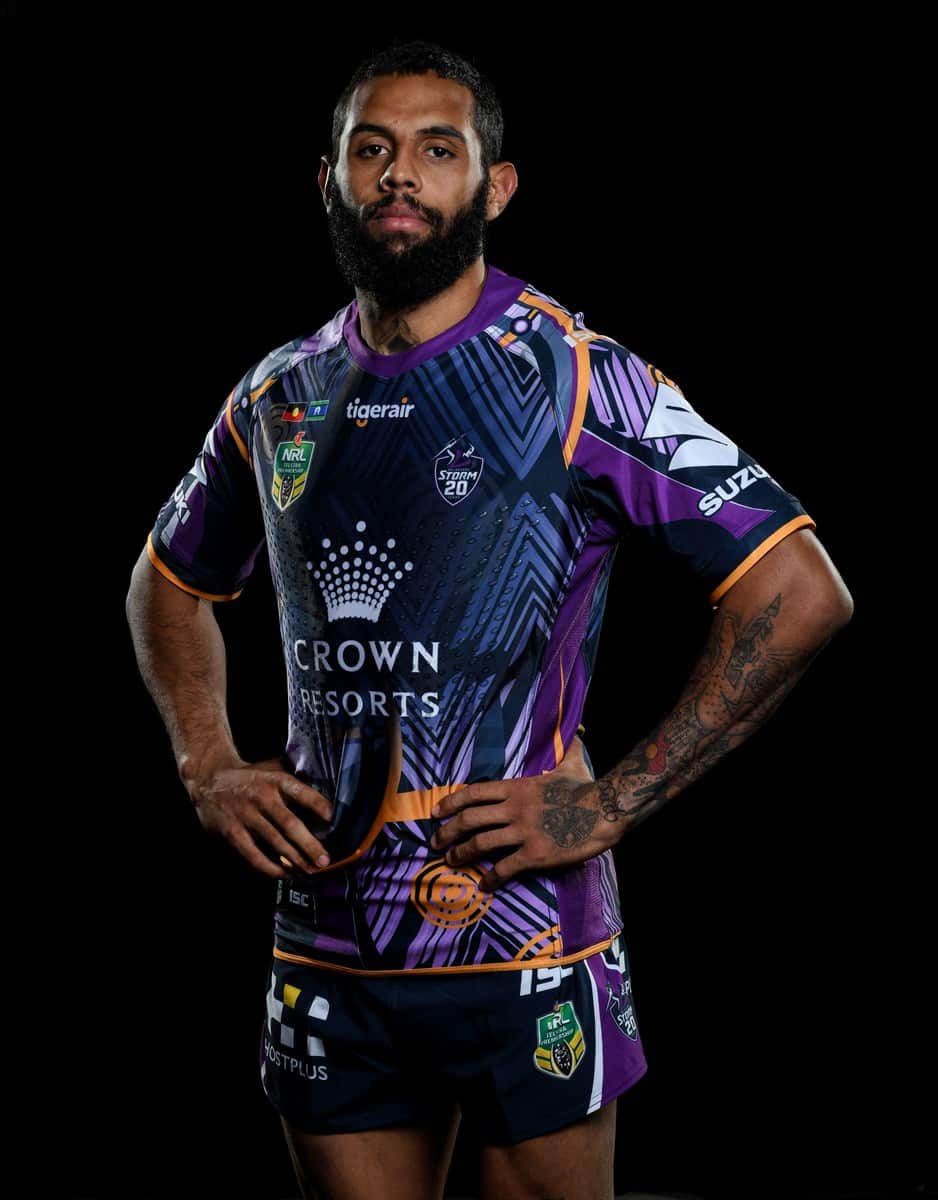 Josh Addo-Carr in the Melbourne Storm Indigenous Round jersey. 2018