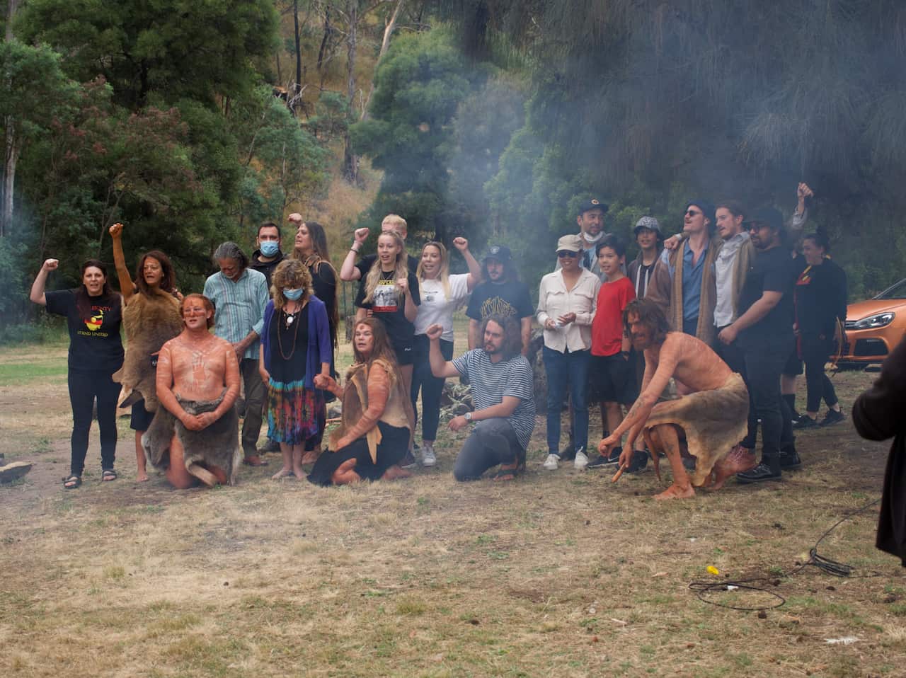 Tasmanian Aboriginal community members gather at  piyura kitina (Risdon Cove) for the broadcast of the Invasion Day Rally 2022