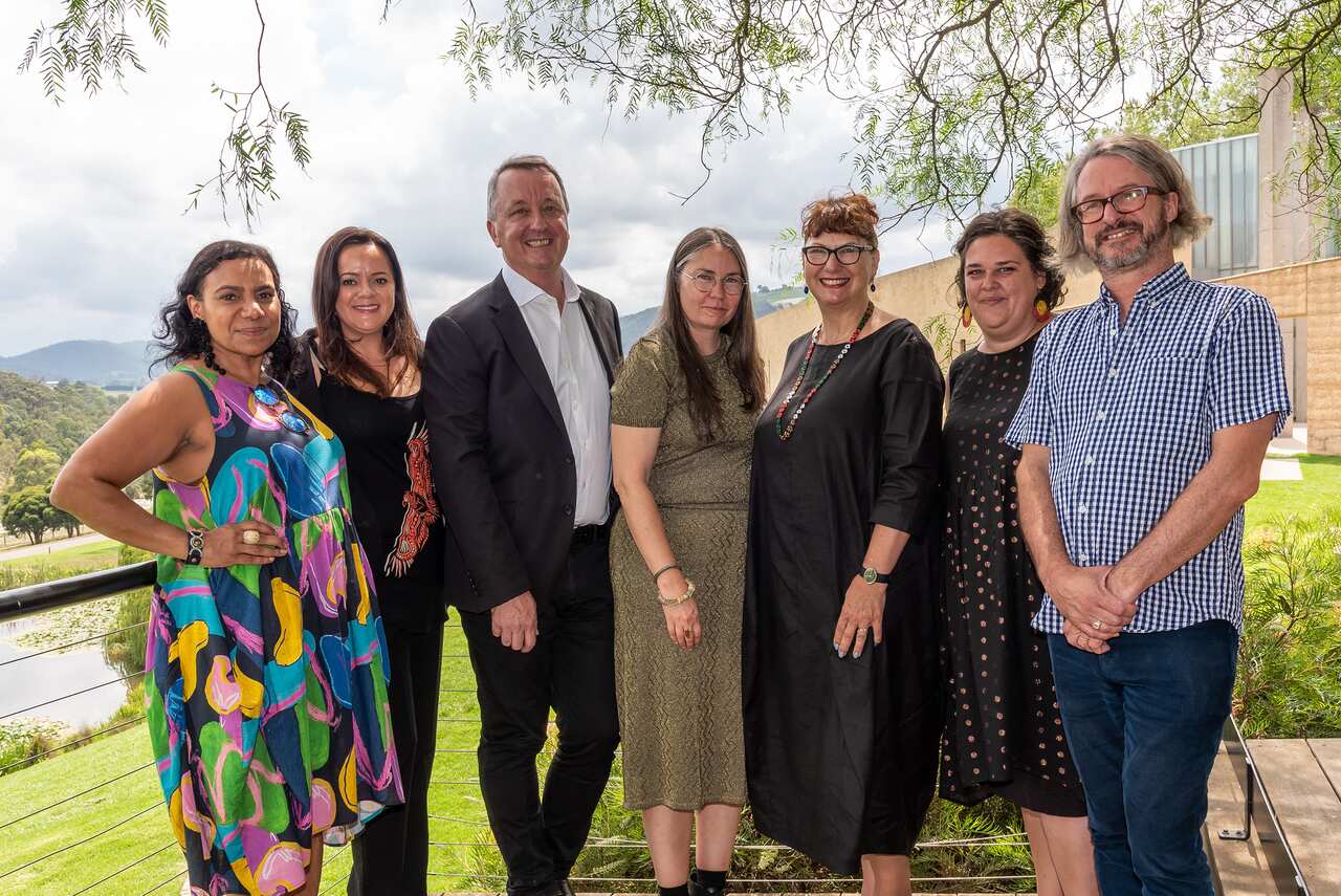 Yalingwa Advisory Group member Kylie Belling (Creative Victoria) , TarraWarra Museum of Art Yalingwa First Nations Curator Stacie Piper, Minister for Creative Industries Martin Foley MP, Yalingwa Fellowship recipient Yhonnie Scarce , TarraWarra Museum of 