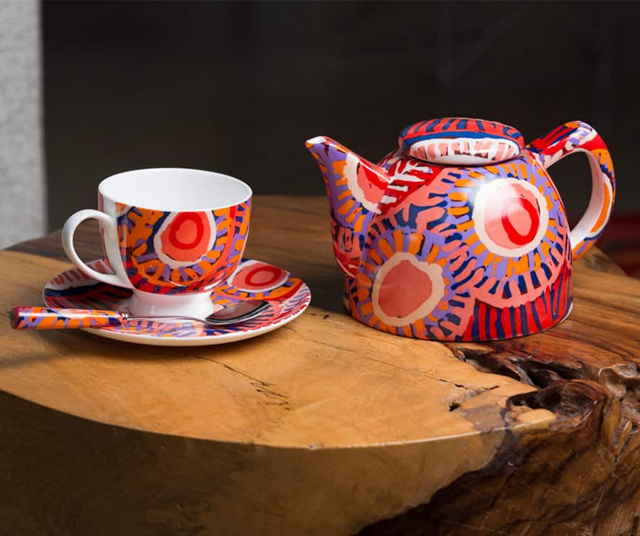 Tea set by Alperstein Designs using Warlukurlangu artwork