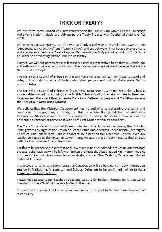 Letter from Yorta Yorta Council of Elders