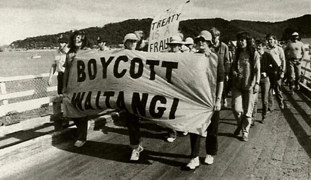 Pākehā feminists and anti-racism activists marching to the Waitangi national marae on Waitangi Day.
