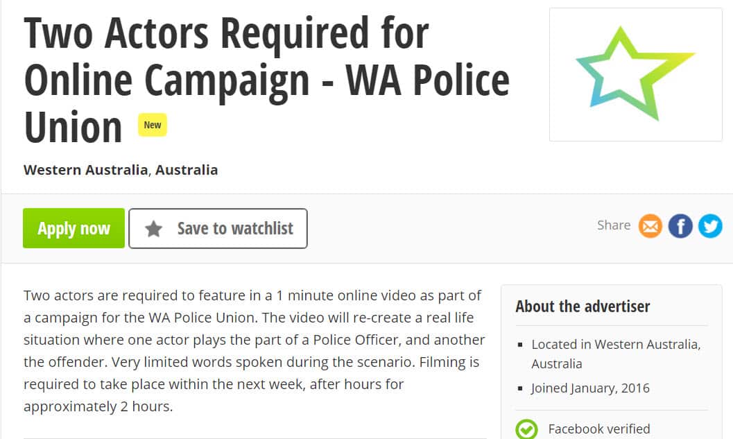 The WA Police union casting call job description.
