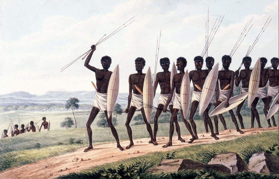 An artwork of Aboriginal warriors holding spears and shields