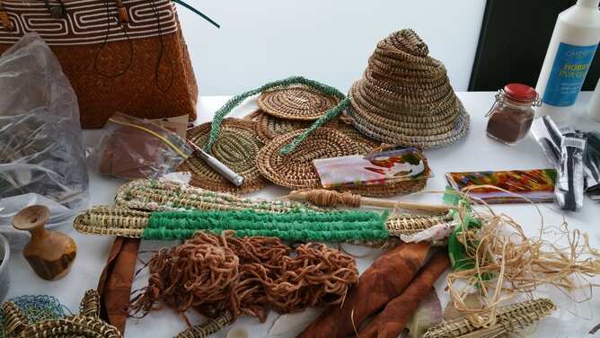 Dr Treahna Hamm's workshop bush dyeing and weaving materials (Photo/Elizabeth Tunstall)