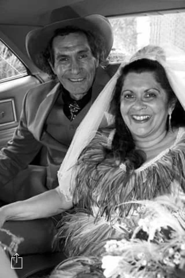 On their wedding day, Merryn wore emu feathers and Glen sported a red suit. 