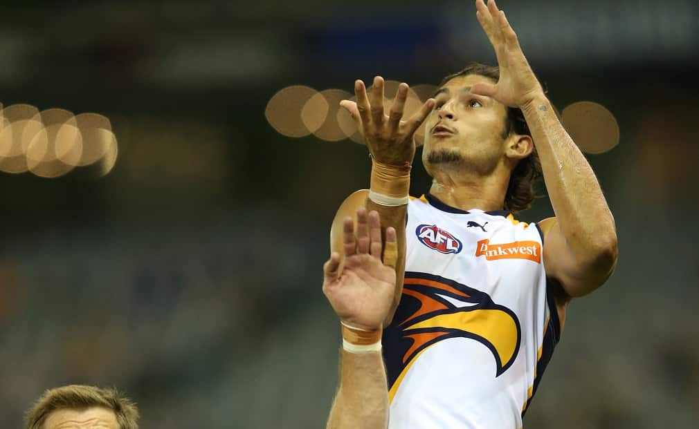 Sharrod Wellingham goes up for a mark for the Eagles during the round one AFL game between the Western Bulldogs and West Coast Eagles played at Etihad Stadium in Melbourne. Saturday, April 4. 2015. (AAP Image/ David Crosling) 