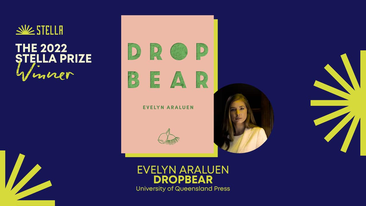 A composite of Evelyn araluen's headshot and the cover of her book dropbear. 