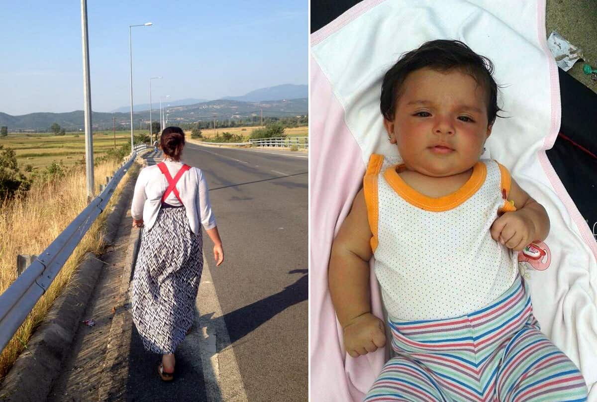 Ronak walking toward the Macedonian border and baby Aya 