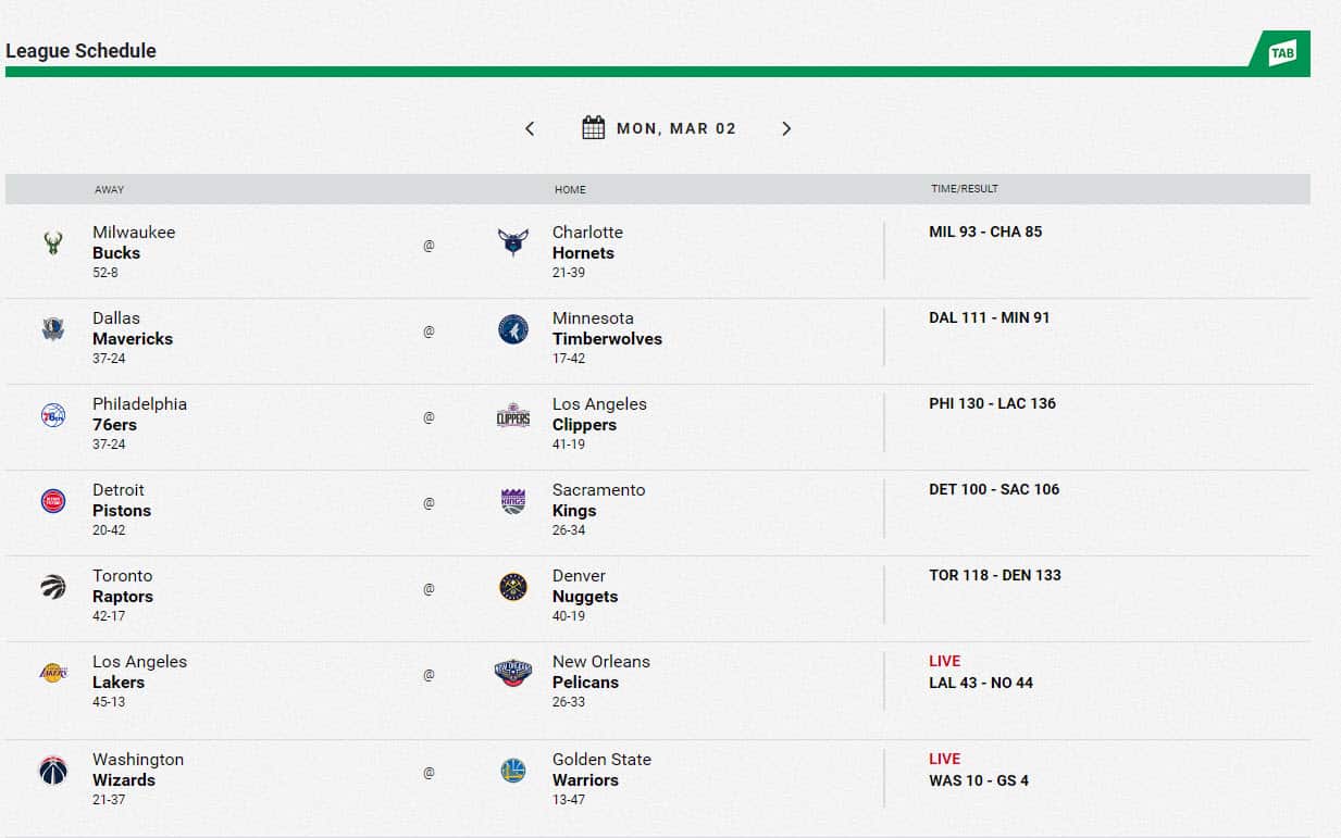 TAB League Schedule