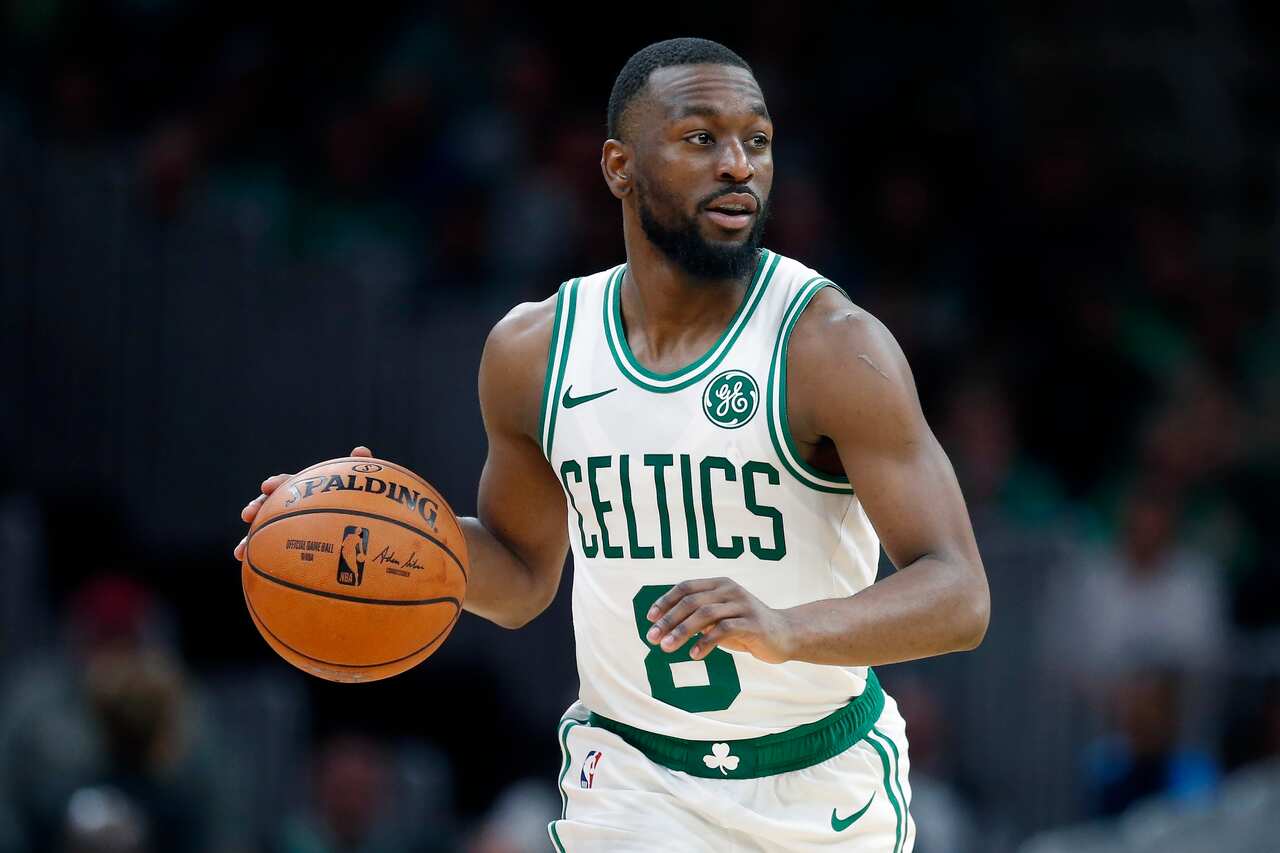 Boston Celtics' Kemba Walker (8) plays against the Charlotte Hornets during the first half of a preseason NBA basketball game in Boston, Sunday, Oct. 6, 2019. (AP Photo/Michael Dwyer)