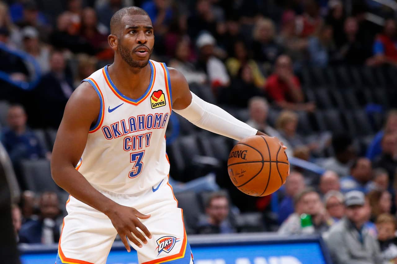 Oklahoma City Thunder guard Chris Paul (3) during an NBA basketball exhibition game against the New Zealand Breakers, Thursday, Oct. 10, 2019, in Oklahoma City. (AP Photo/Sue Ogrocki)