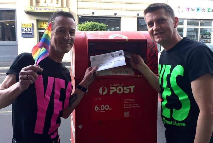 Antony (L) and Ron (R), posting their postal survey ballots in 2017.