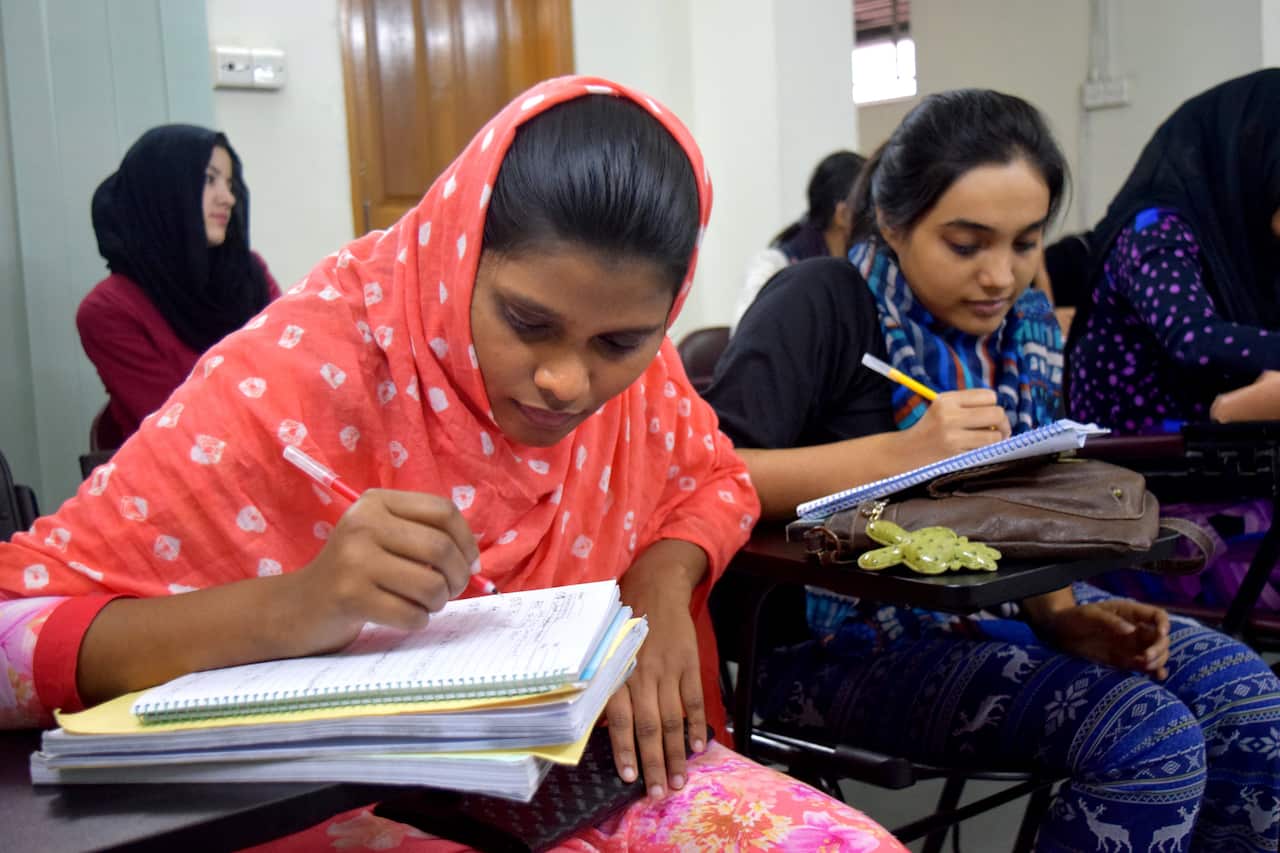 Students hard at work, studying at AUW in Bangladesh. 