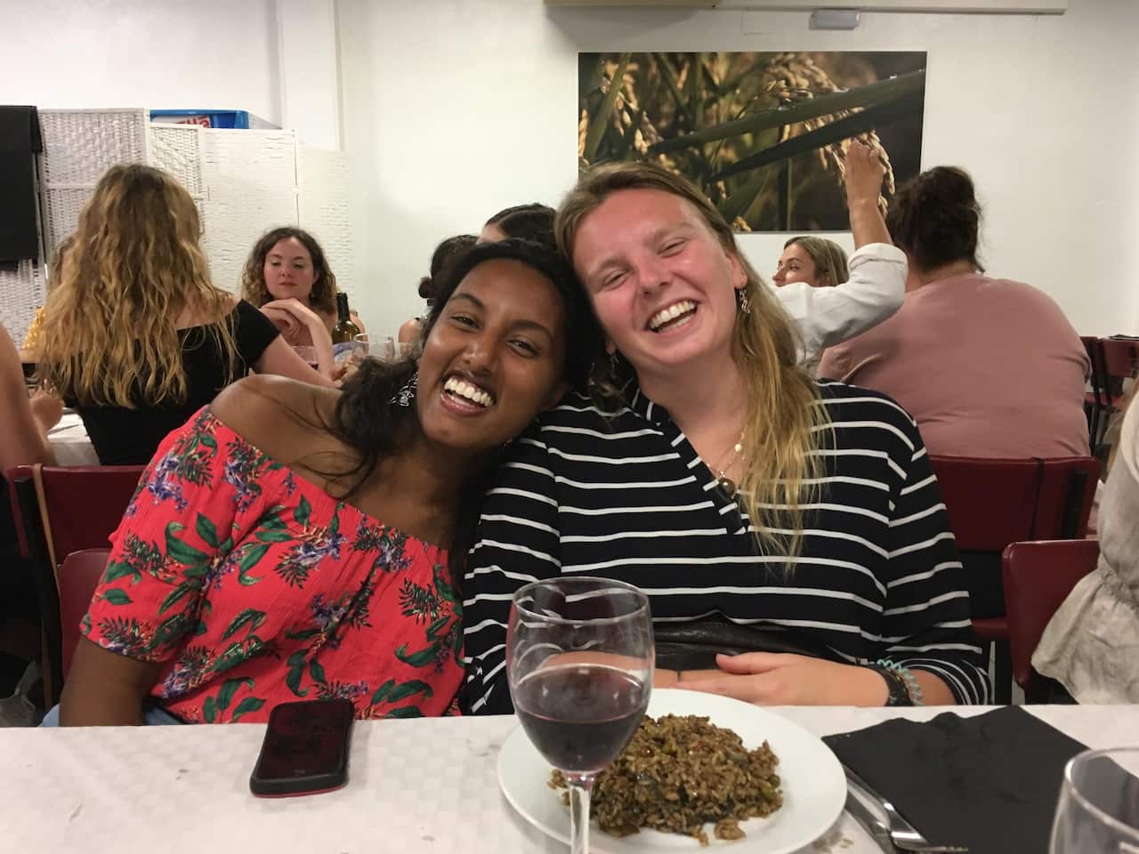 Zoe (L) and Kara (R) at a restaurant in Spain. 