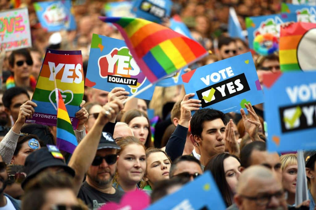 This picture taken on September 10, 2017 shows demonstrators taking part in a same-sex marriage rally in Sydney.
