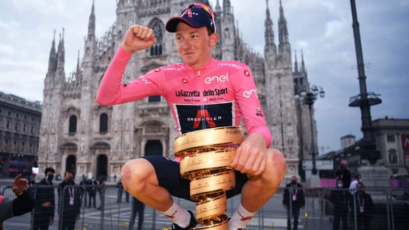 Tao Geoghegan Hart of Team Ineos celebrates his Giro d'Italia victory