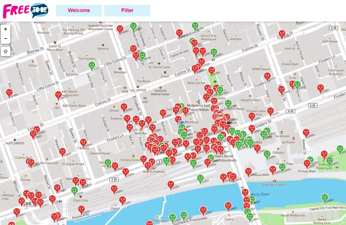 A screenshot of the 'Free To Be' interactive map.