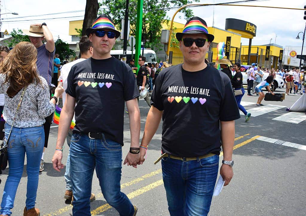Revelers take part in the Gay Pride Parade in San Jose on June 26, 2016. / AFP / Ezequiel Becerra        (Photo credit should read EZEQUIEL BECERRA/AFP/Getty Images)