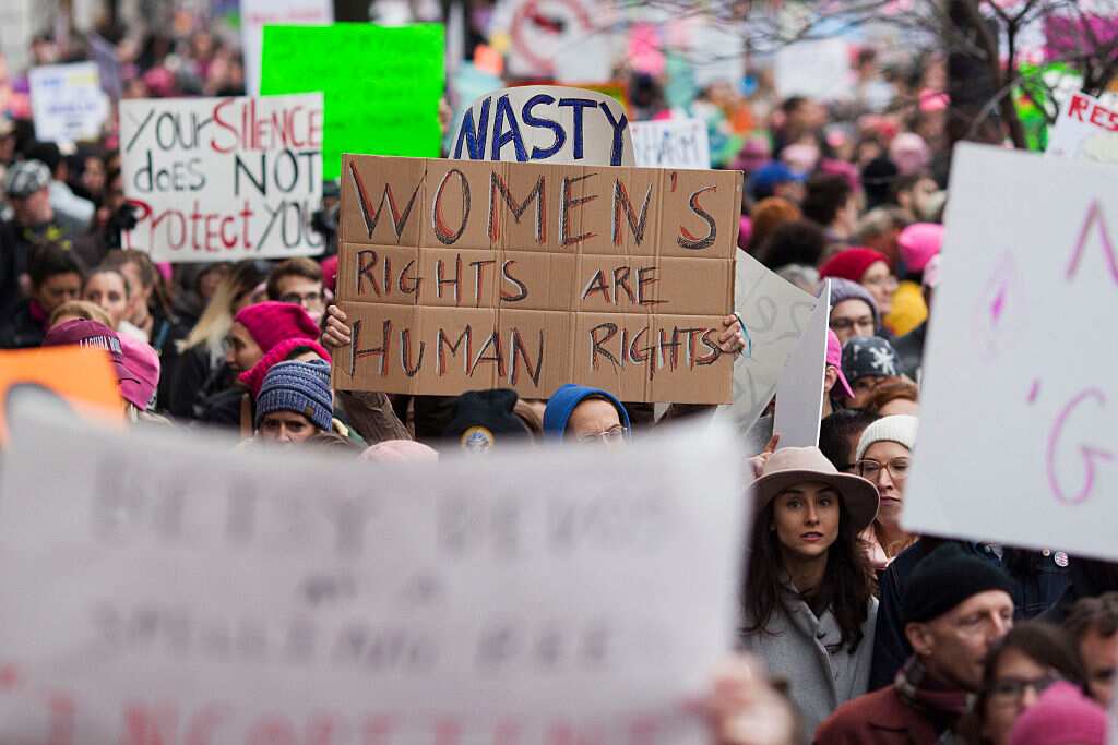 People protest in the streets at the Women's March on Washington on January 21, 2017 in Washington, DC. 