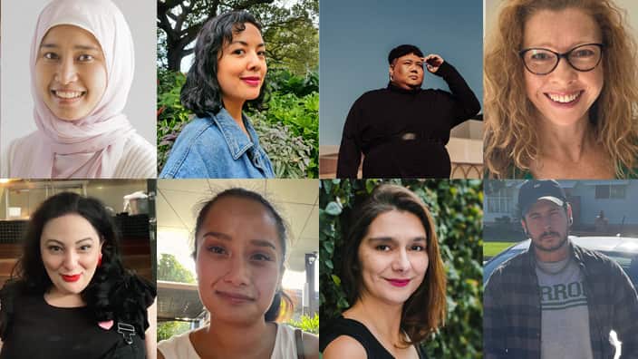 A composite photo of eight faces