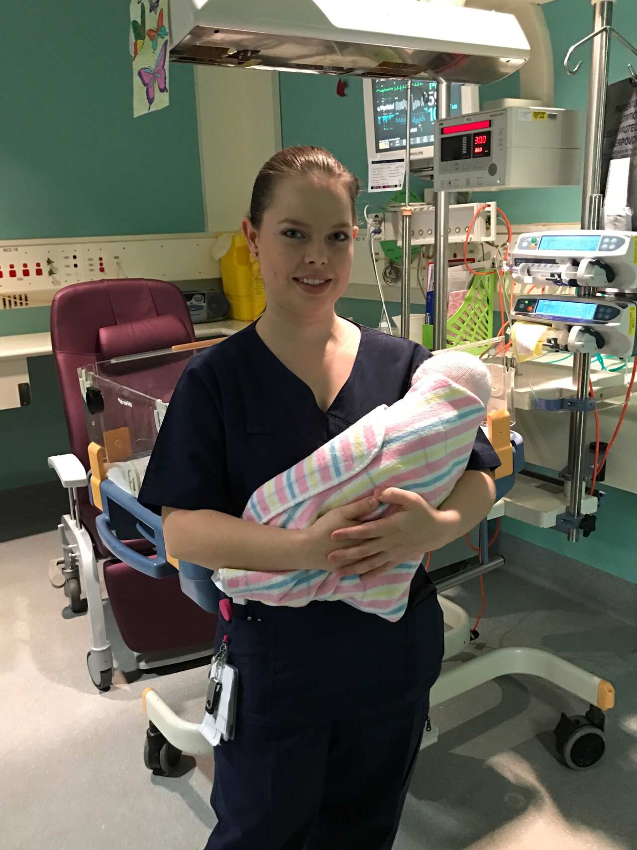 Ashely Gerber with one of her patients in the Grace Centre for Newborn Intensive Care, Sydney.