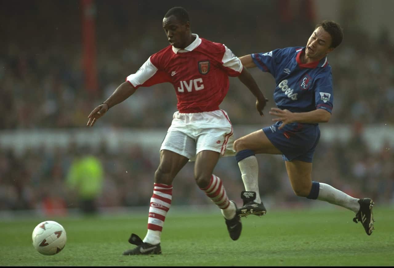 Ian Wright of Arsenal and Dennis Wise of Chelsea