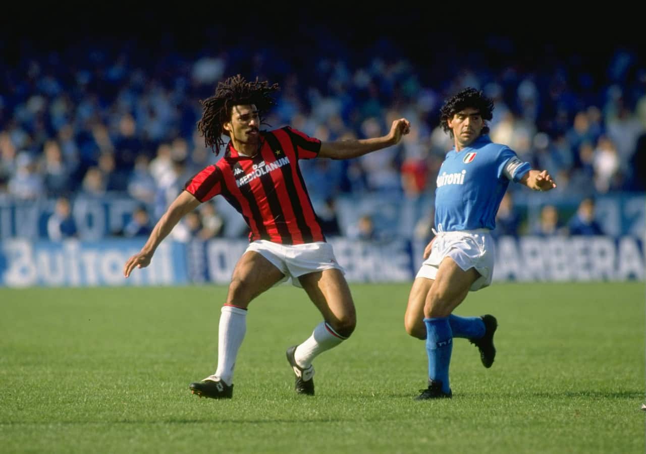 Ruud Gullit of AC Milan and Napoli's Diego Maradona in action.