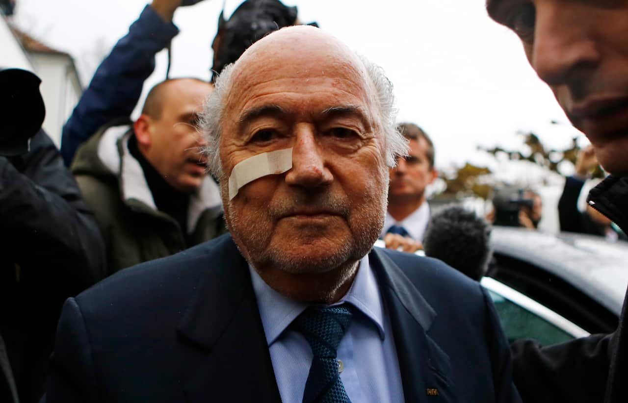 Suspended FIFA President Sepp Blatter arrives for a news conference in Zurich, Switzerland, Monday, Dec. 21, 2015 after he has been banned for 8 years from all football related activities. (AP Photo/Matthias Schrader)