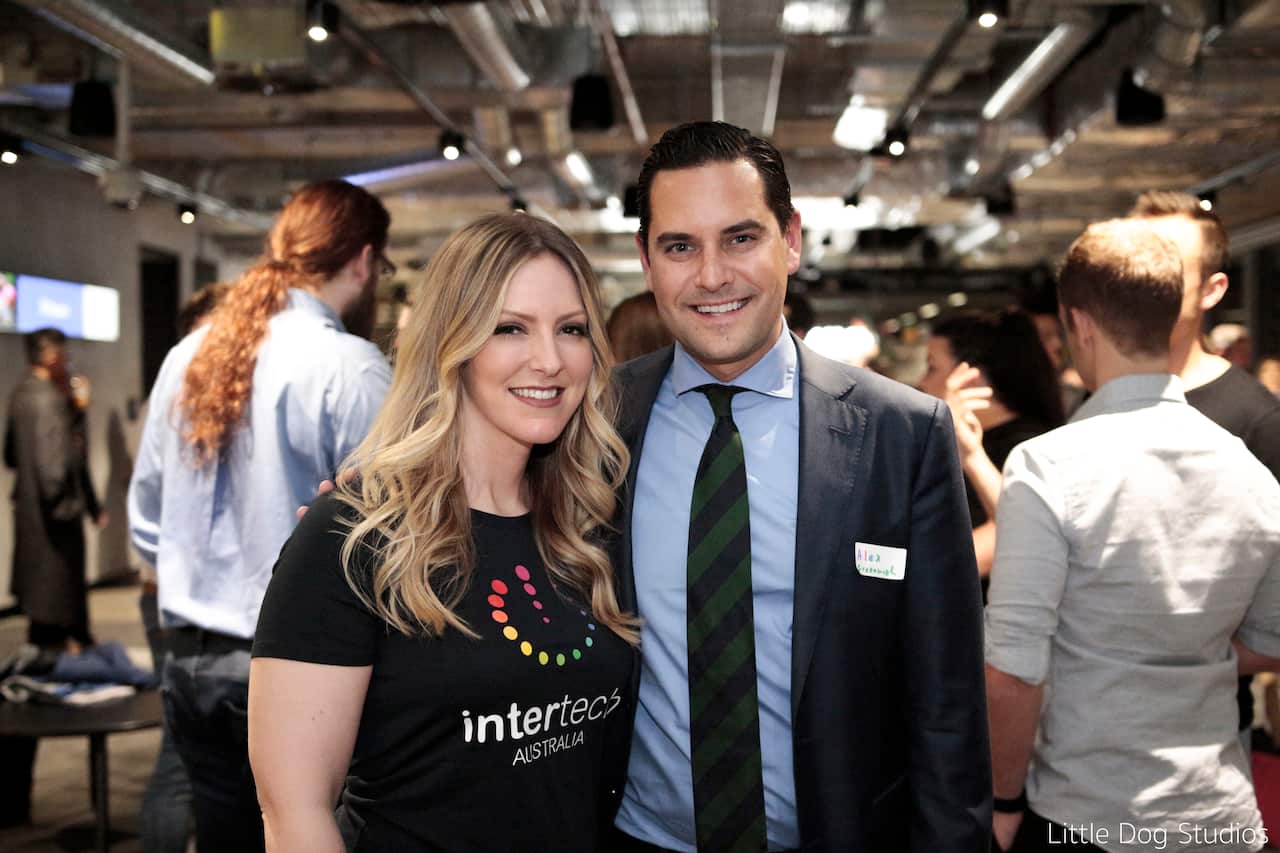 Kara Hinesley from Twitter Australia (L) and Sydney MP Alex Greenwich (R).