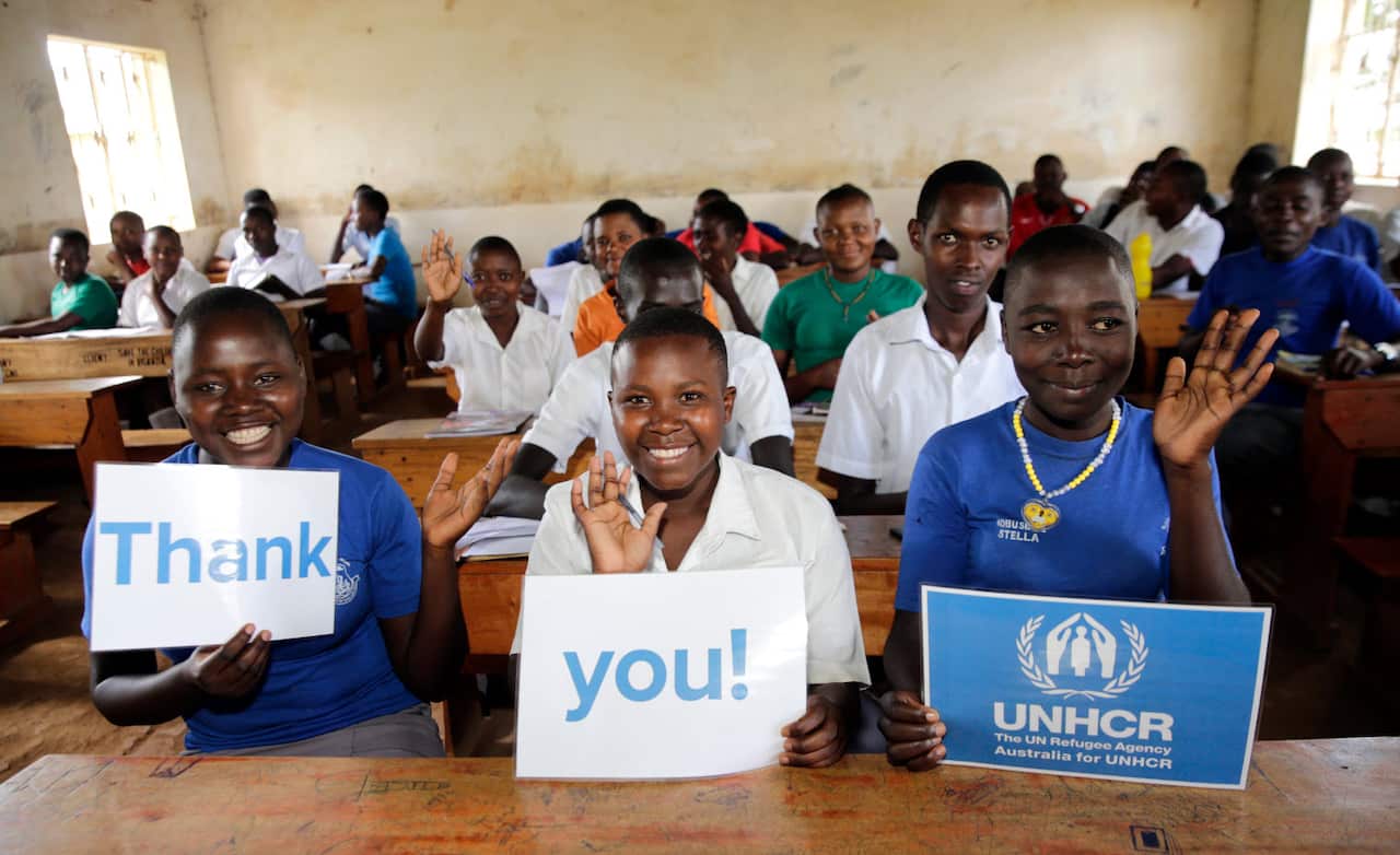 Refugee children from South Sudan attend school in Kyaka II settlement, in Uganda. They are looking forward to attending the vocational training centre Australia for UNHCR is building nearby.  