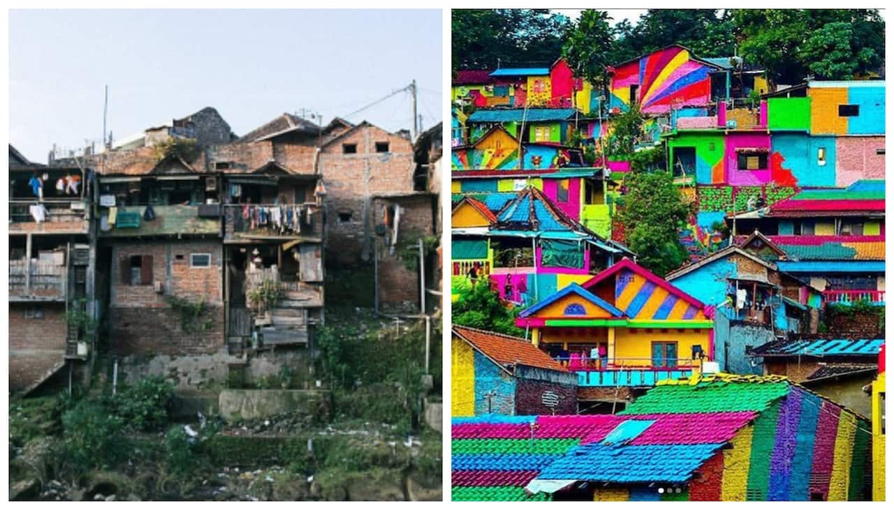 Before and after the 'rainbow village' makeover.