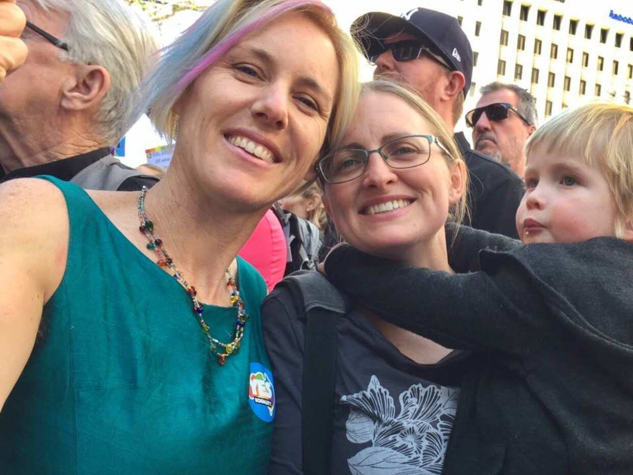 Sally and Elise with their son Tadhg at a Marriage Equality rally in Adelaide.