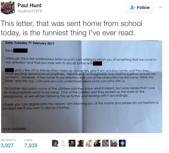 Teacher sends awkward letter home after student invents ‘Wildo the Dildo’