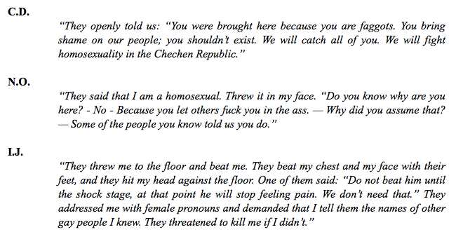 A screenshot of some of the horrifying stories in the Russian LGBT Network report.