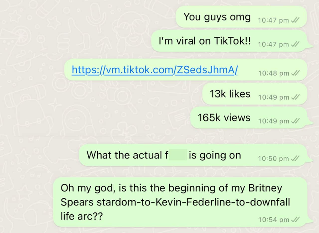Mark's messages to his siblings. It reads: You guys omg, I'm viral on TikTok!!, [link], 13k likes, 165k views, What the actual f is going on, Oh my god, is this the beginning of my Britney Spears stardom-to-Kevin-Federline-to-downfall life arc??