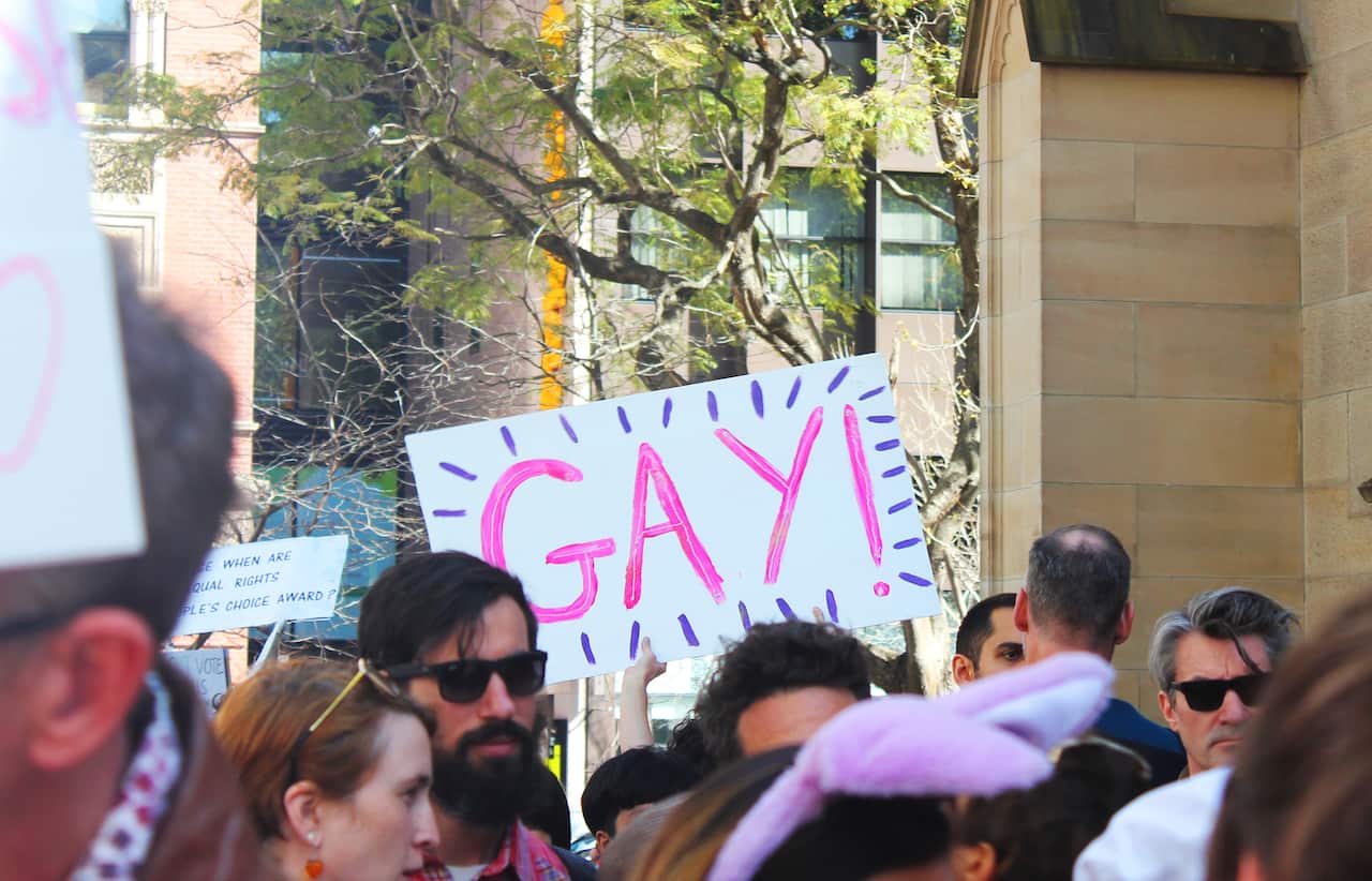 'Straight to the point' sign at Sydney Marriage Equality rally on September 10th, 2017. (Photo: Chloe Sargeant / SBS)
