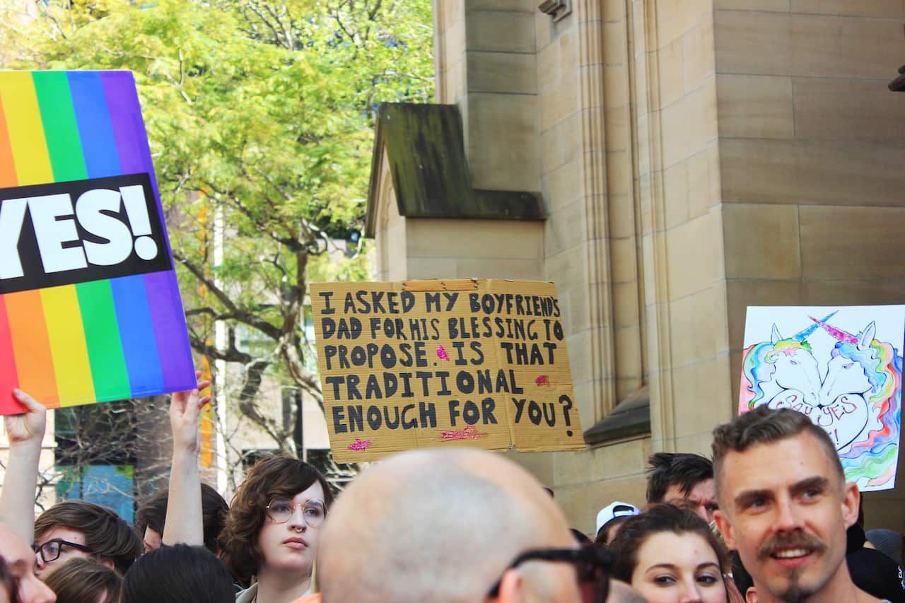 'Is that traditional enough for you?' sign at Sydney Marriage Equality rally on September 10th, 2017. (Photo: Chloe Sargeant / SBS)