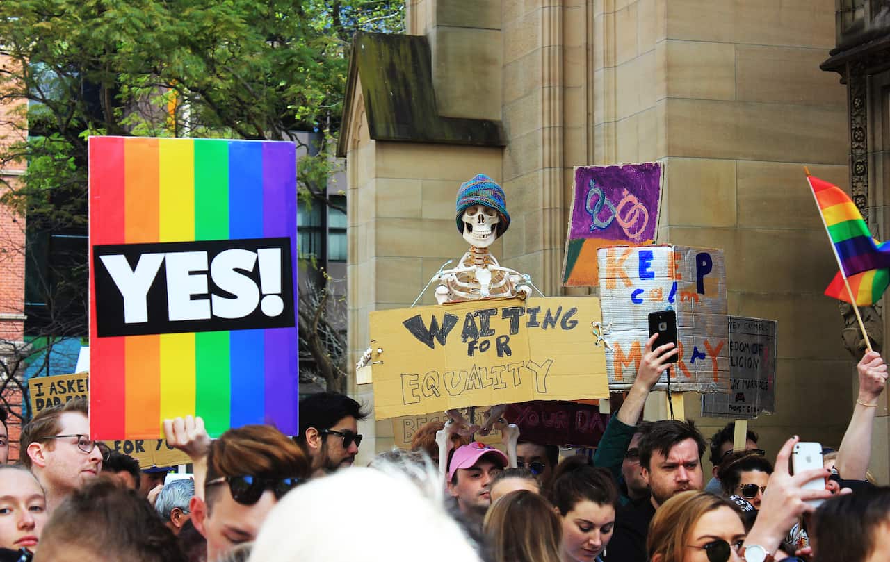 'Waiting for equality' sign at Sydney Marriage Equality rally on September 10th, 2017. 