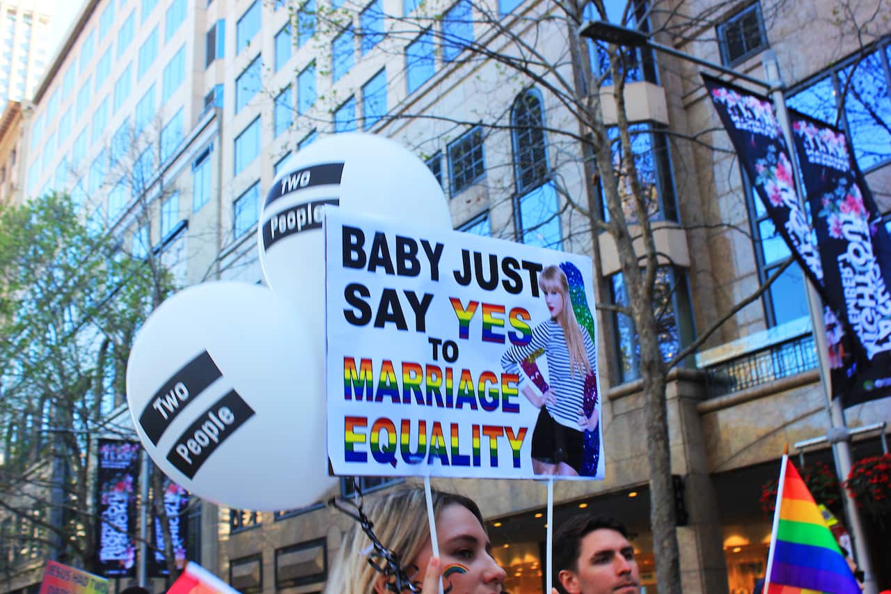 'T-Swift' sign at Sydney Marriage Equality rally on September 10th, 2017. (Photo: Chloe Sargeant / SBS)