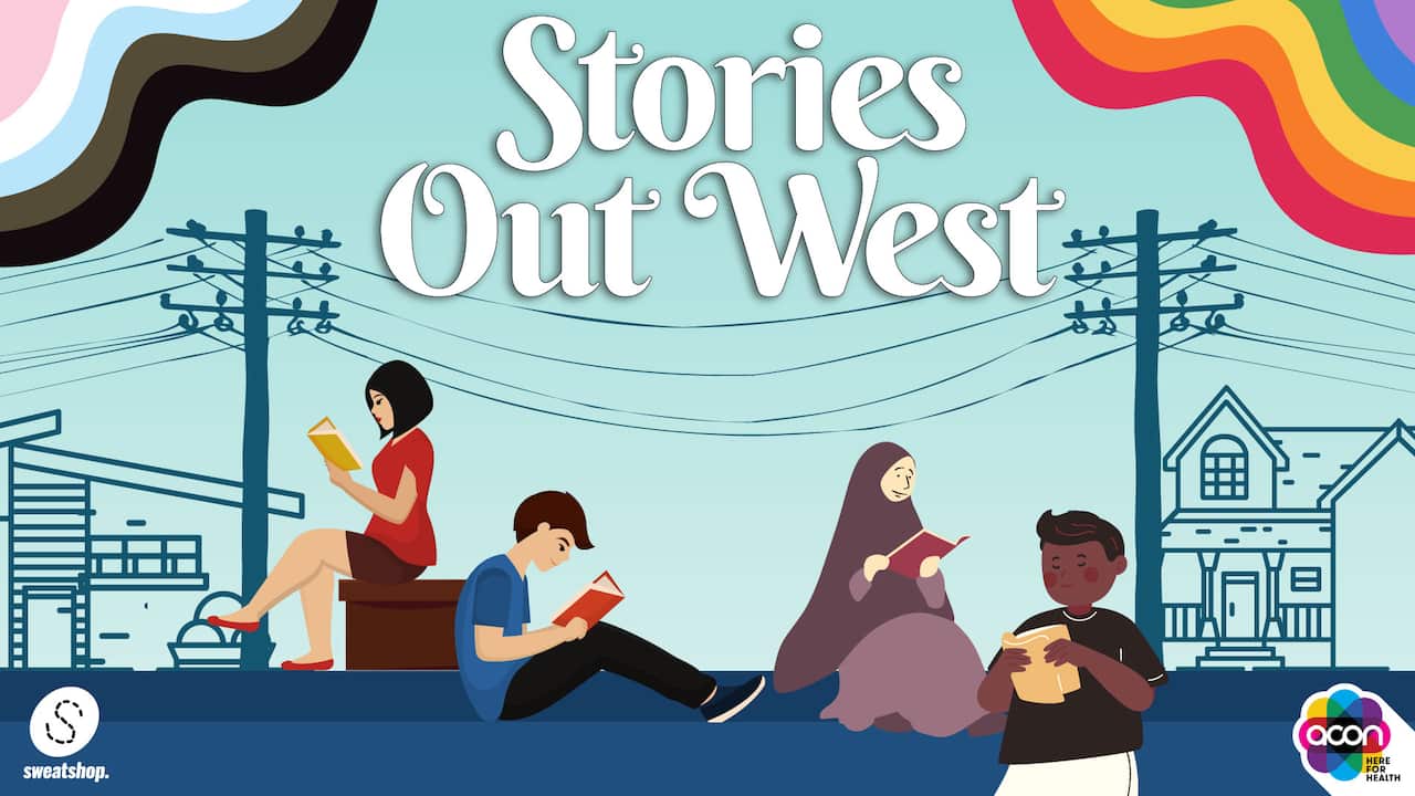 Image of a flyer featuring rainbows and people reading