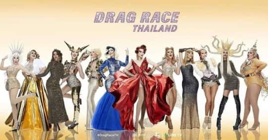The first image released of the participating queens, alongside Art Arya and Pangina Heals, for the debut season of Drag Race Thailand.