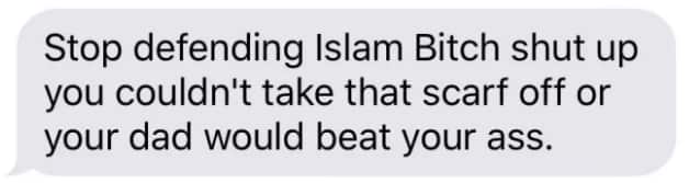 The Islamophobic message Lamyaa received in a group chat. 